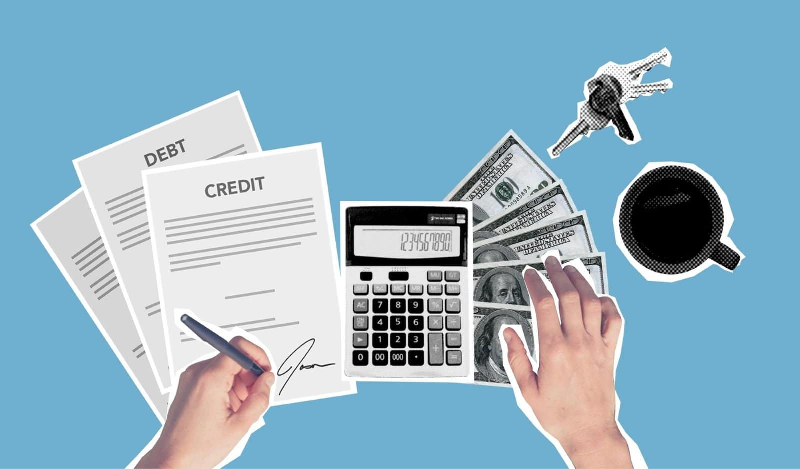 Top view of cutout paper composition of male signing credit paper while counting cash and apartment cost against blue background